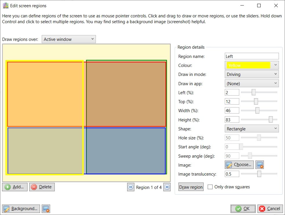 Edit screen regions window