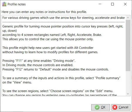 Profile notes window