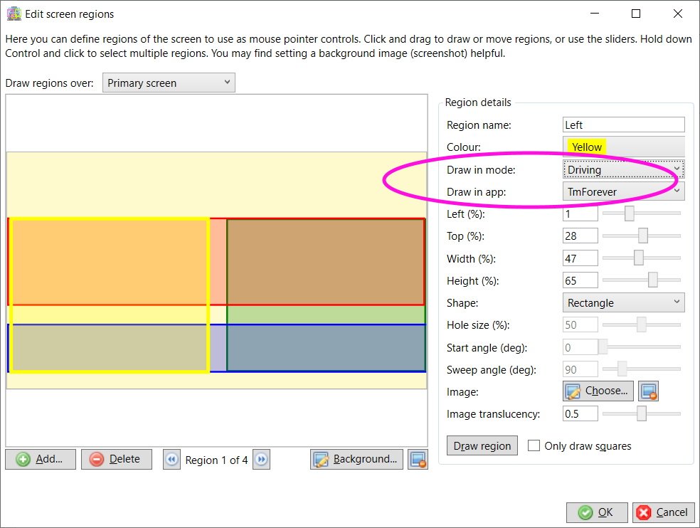 Screen region draw over mode or app options